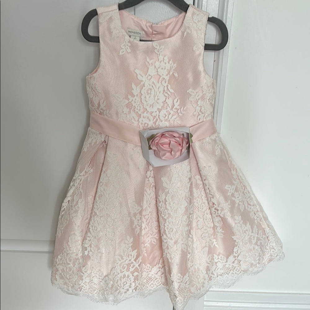 Monsoon Pink Lace Kids Dress with Floral Belt NWT